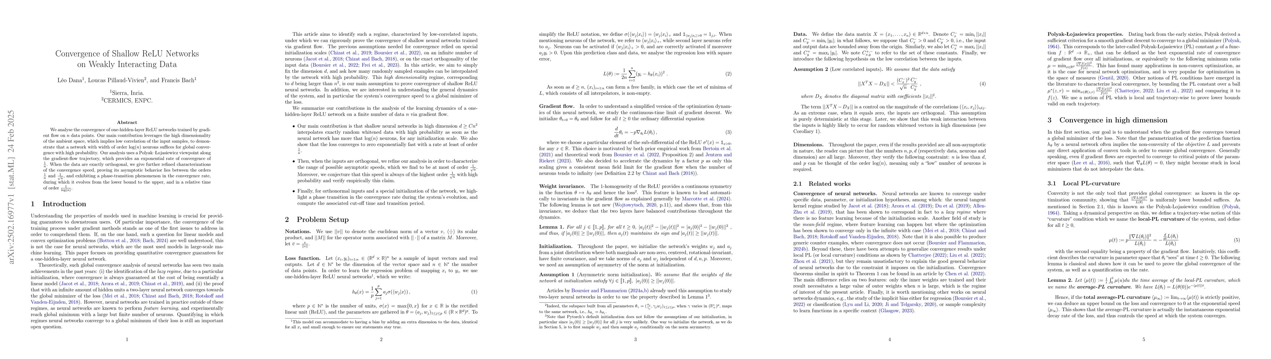 Thumbnail for Convergence of Shallow ReLU Networks on Weakly Interacting Data