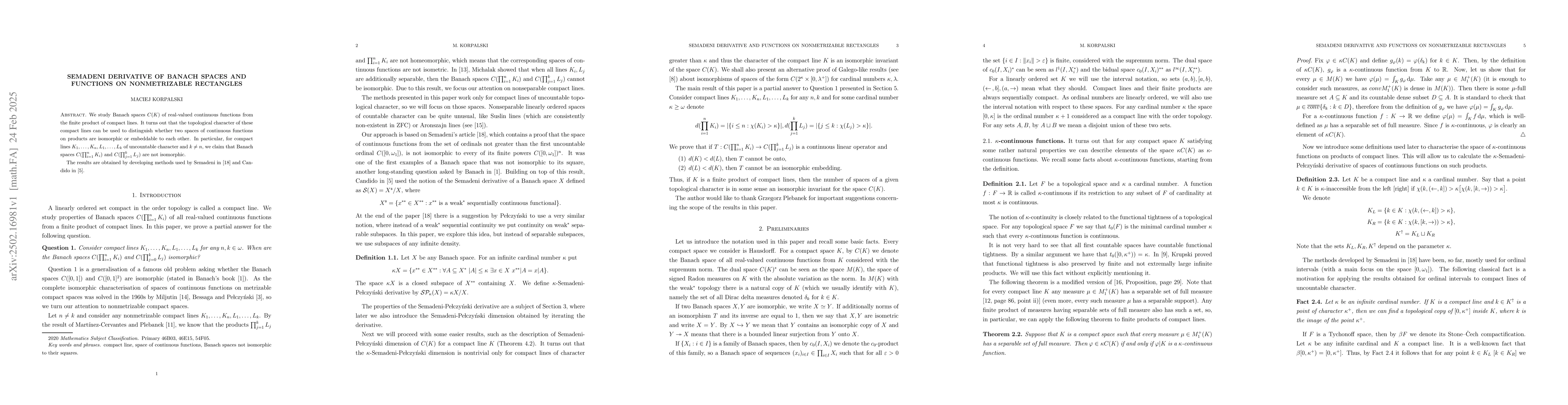 Thumbnail for Semadeni derivative of Banach spaces and functions on nonmetrizable
  rectangles