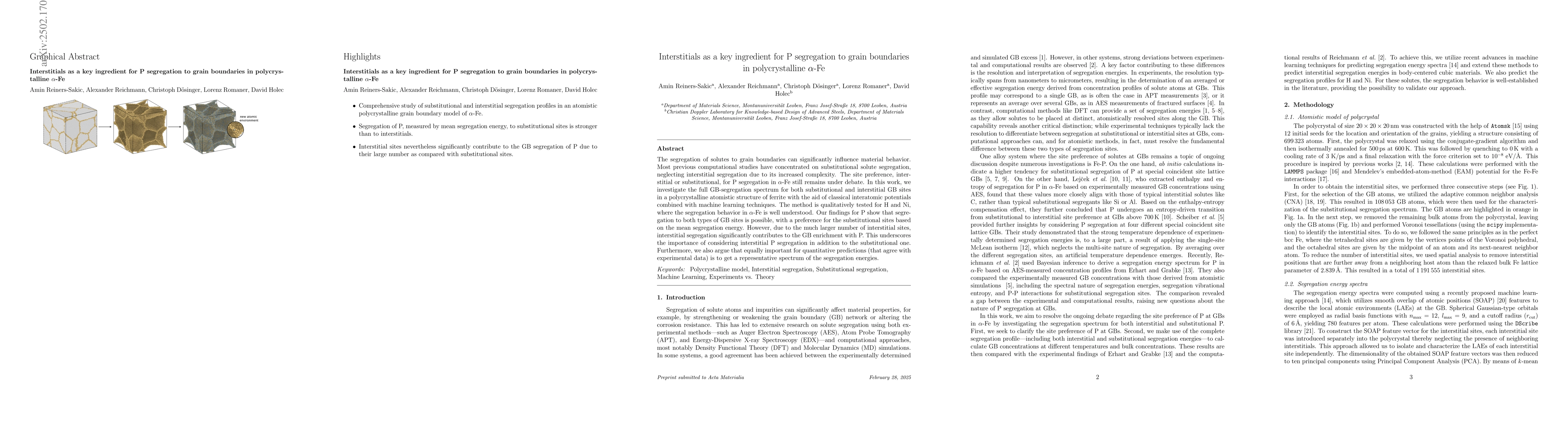 Thumbnail for Interstitials as a key ingredient for P segregation to grain boundaries
  in polycrystalline $α$-Fe