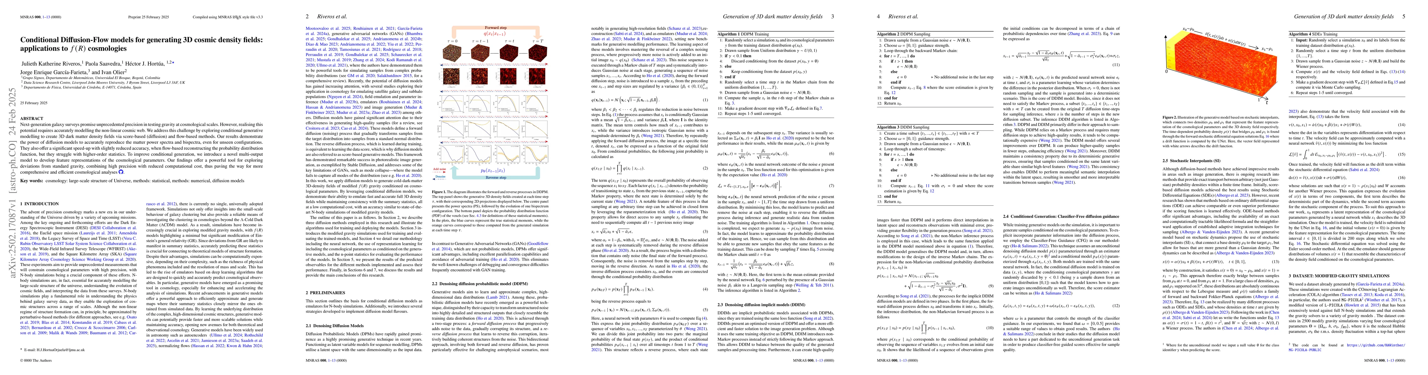Thumbnail for Conditional Diffusion-Flow models for generating 3D cosmic density
  fields: applications to f(R) cosmologies