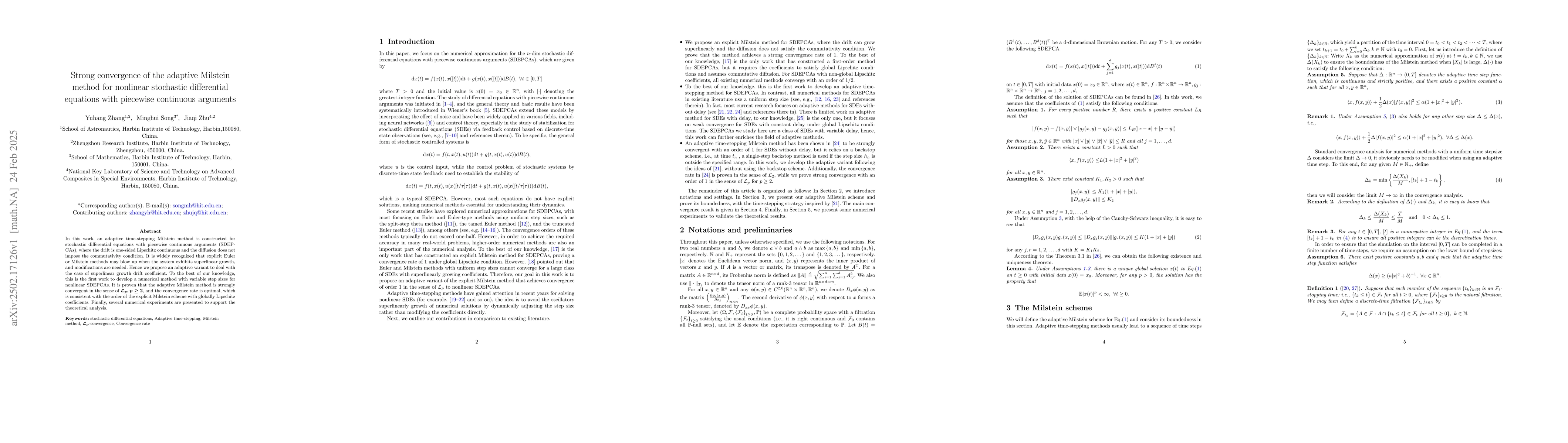 Thumbnail for Strong convergence of the adaptive Milstein method for nonlinear
  stochastic differential equations with piecewise continuous arguments