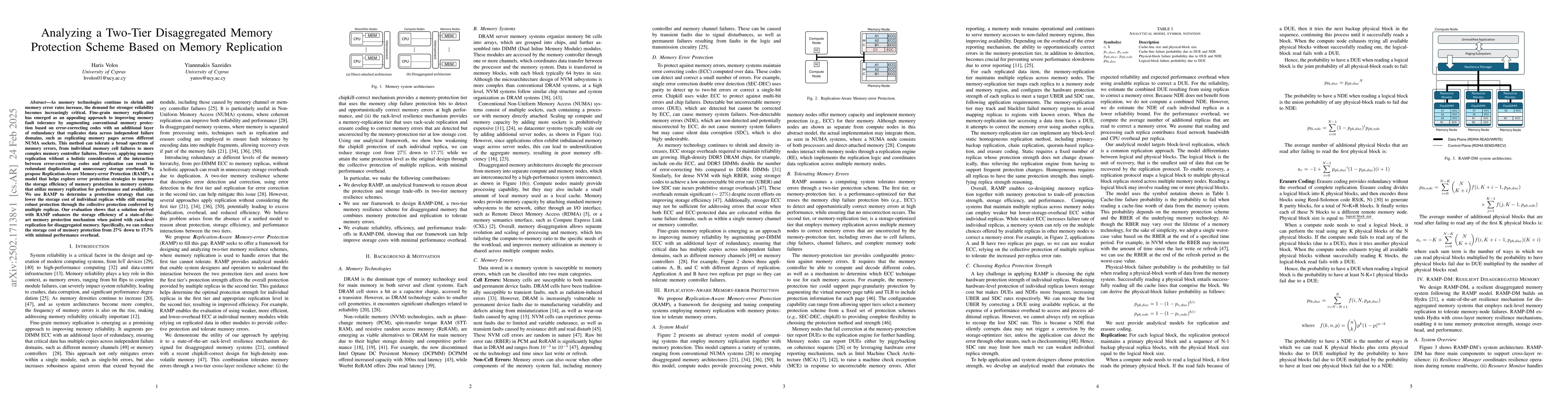Thumbnail for Analyzing a Two-Tier Disaggregated Memory Protection Scheme Based on
  Memory Replication