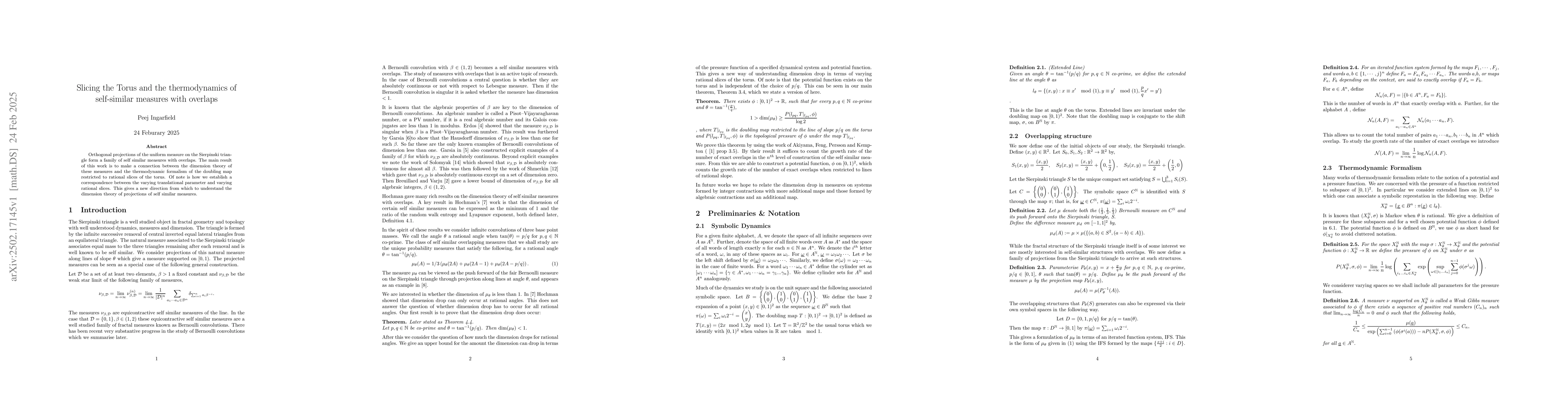 Thumbnail for Slicing the Torus and the thermodynamics of self-similar measures with
  overlaps