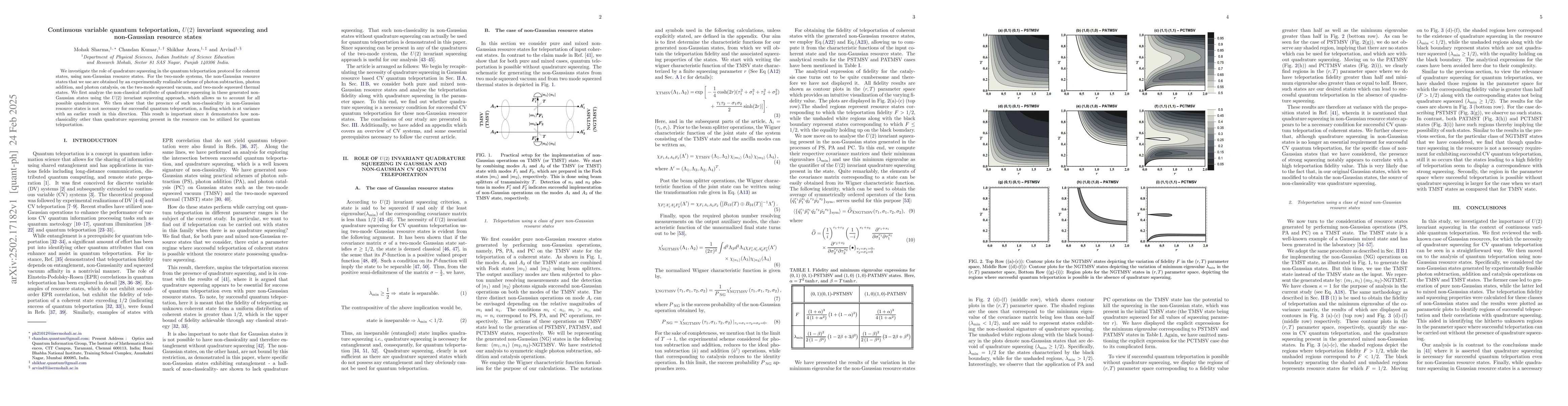 Thumbnail for Continuous variable quantum teleportation, $U(2)$ invariant squeezing
  and non-Gaussian resource states