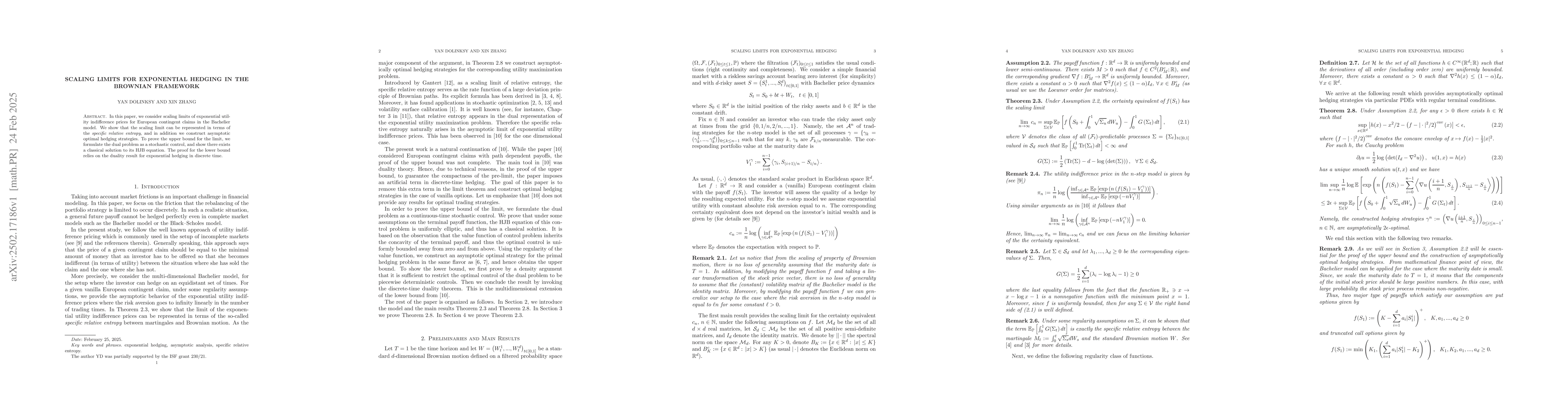 Thumbnail for Scaling Limits for Exponential Hedging in the Brownian Framework