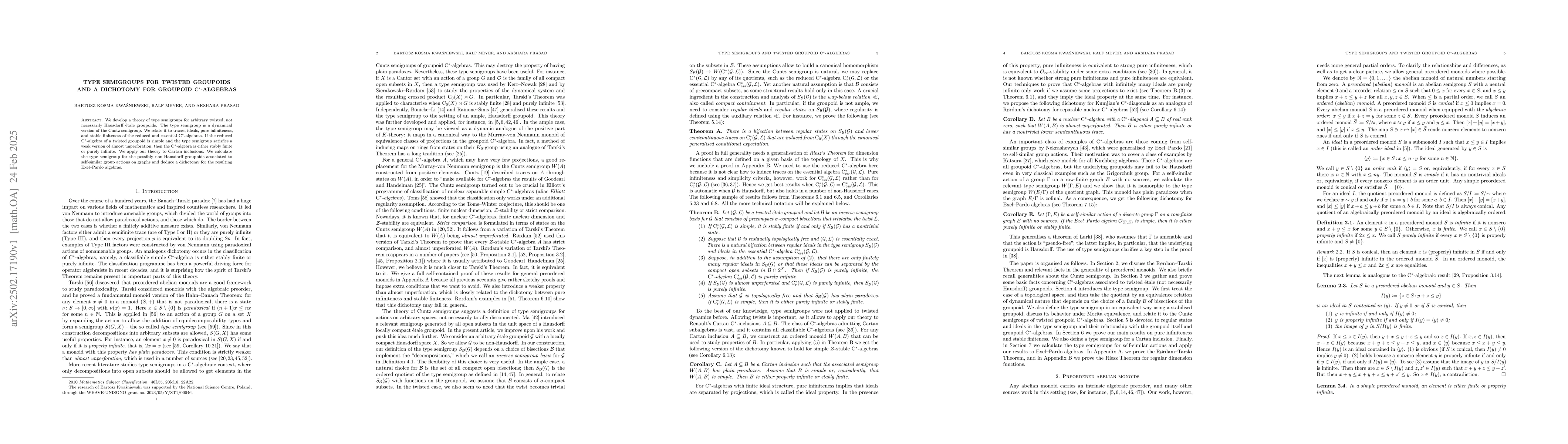 Thumbnail for Type semigroups for twisted groupoids and a dichotomy for groupoid
  C*-algebras