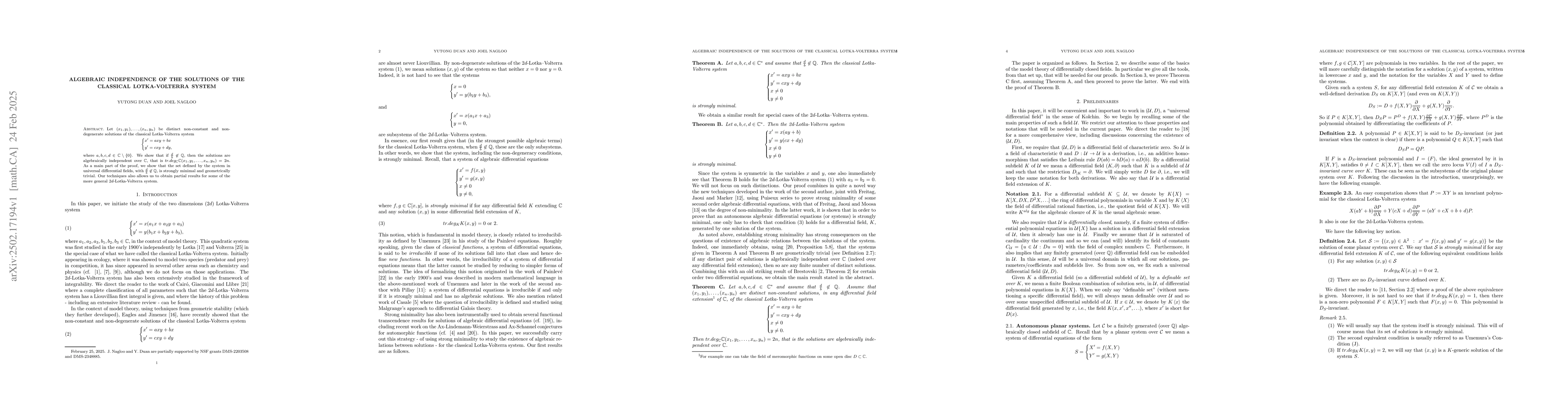 Thumbnail for Algebraic independence of the solutions of the classical Lotka-Volterra
  system