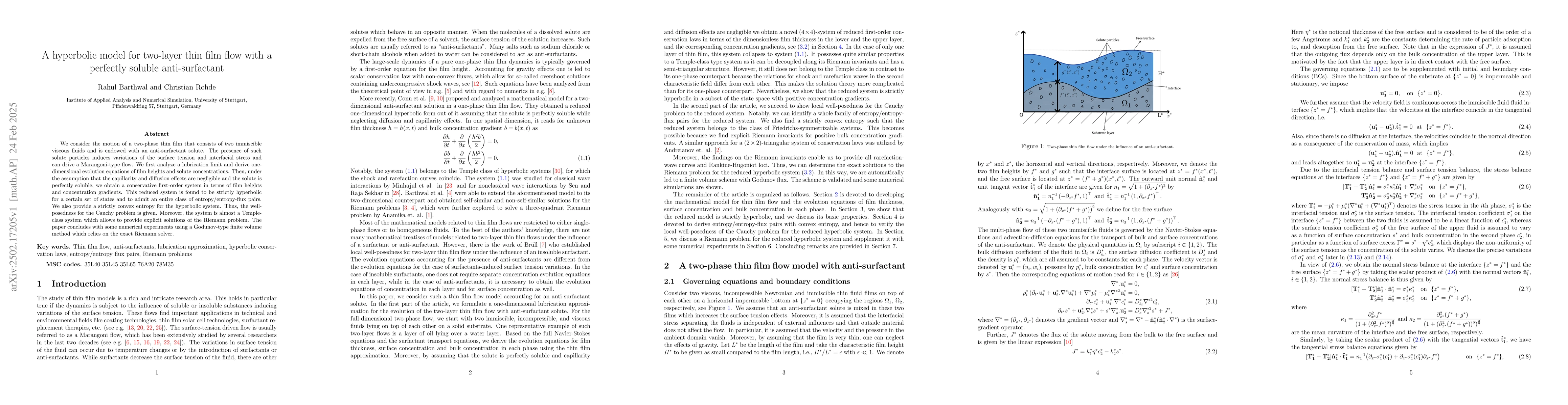 Thumbnail for A hyperbolic model for two-layer thin film flow with a perfectly soluble
  anti-surfactant