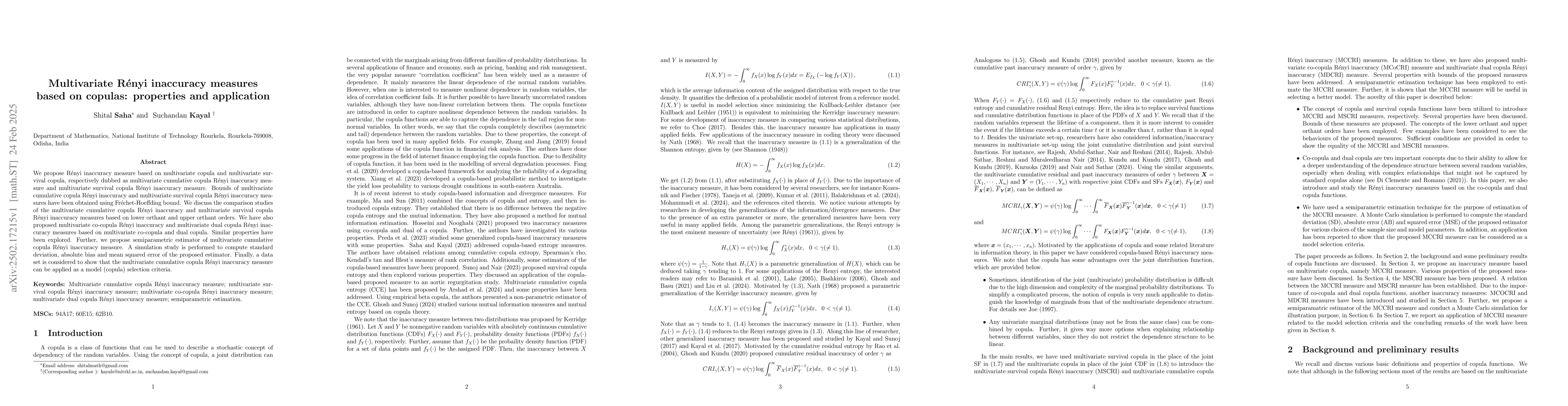 Thumbnail for Multivariate Rényi inaccuracy measures based on copulas: properties
  and application