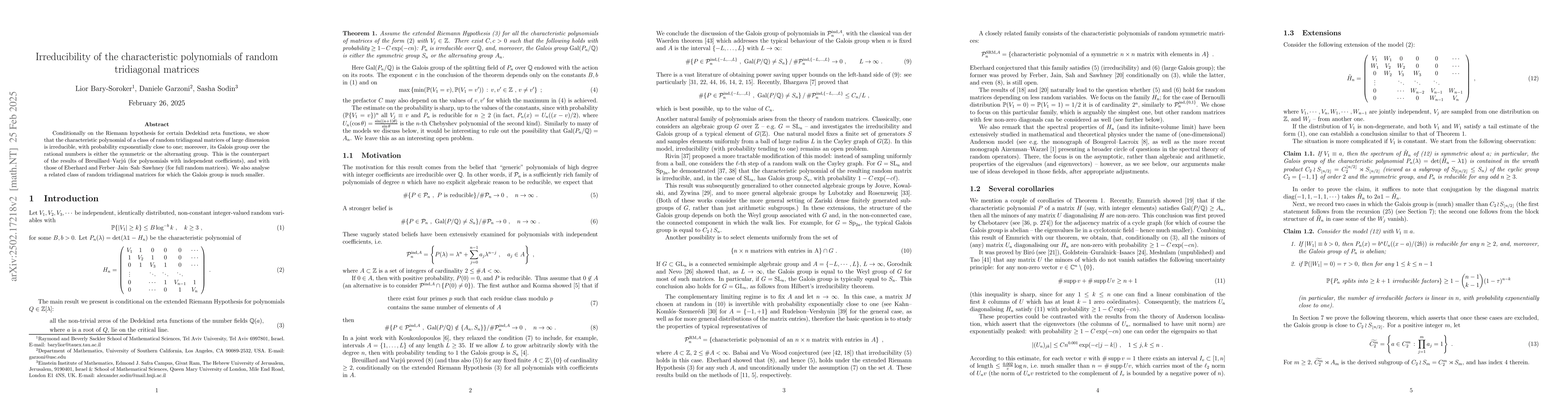 Thumbnail for Irreducibility of the characteristic polynomials of random tridiagonal
  matrices