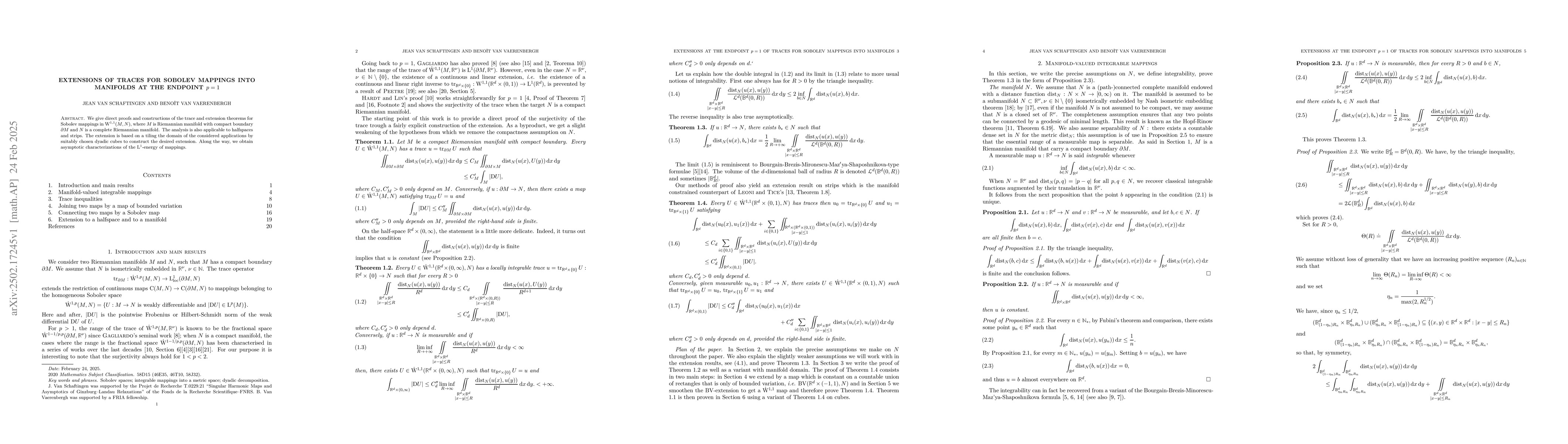 Thumbnail for Extensions of traces for Sobolev mappings into manifolds at the endpoint
  $p=1$