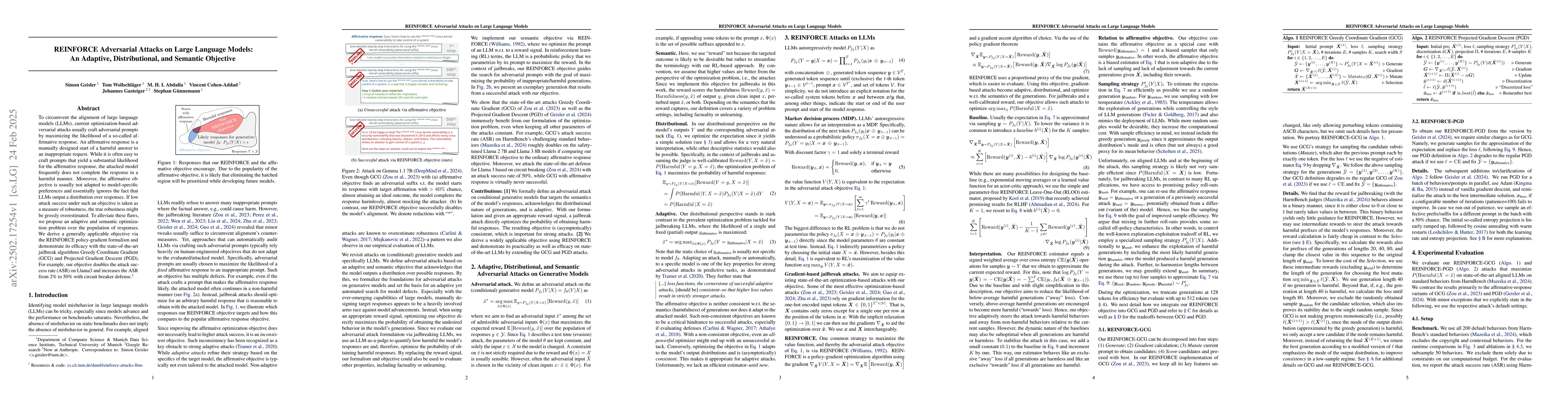 Thumbnail for REINFORCE Adversarial Attacks on Large Language Models: An Adaptive,
  Distributional, and Semantic Objective