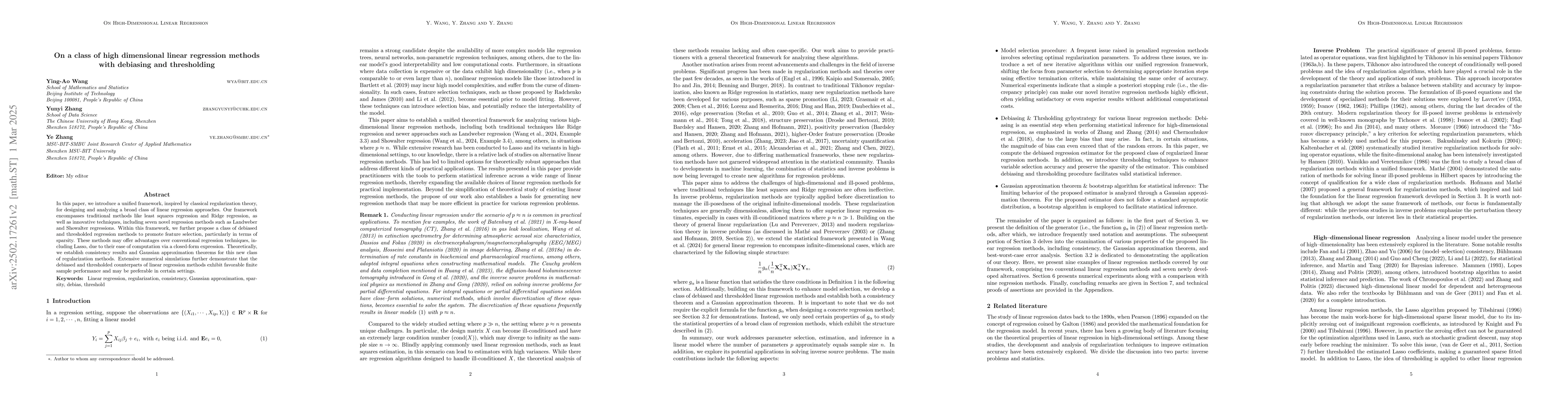 Thumbnail for On a class of high dimensional linear regression methods with debiasing
  and thresholding