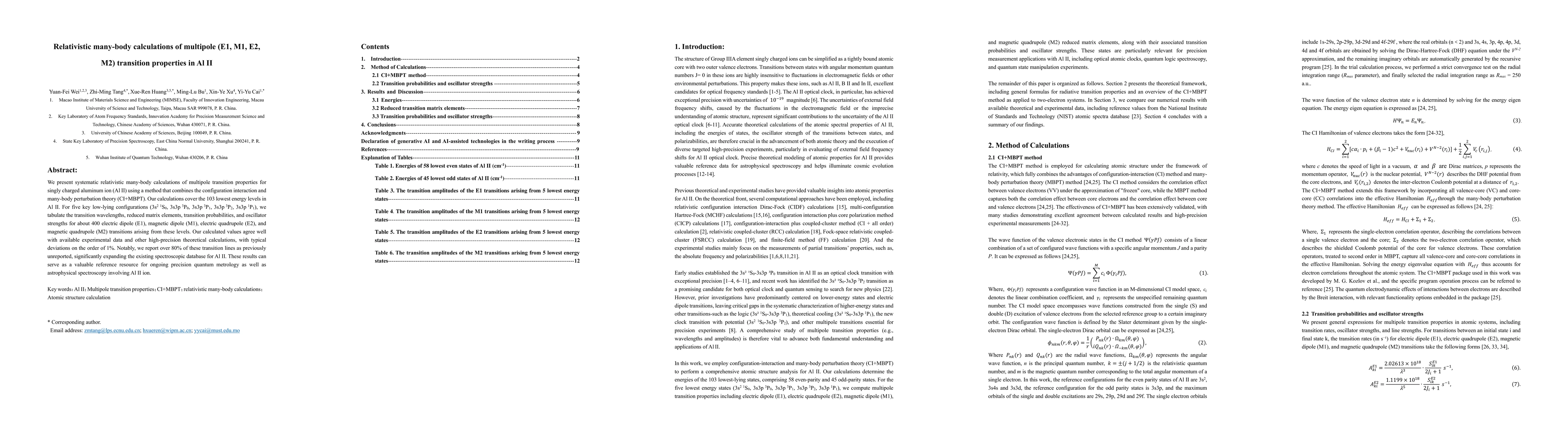Thumbnail for Relativistic many-body calculations of multipole (E1, M1, E2, M2)
  transition properties in Al II