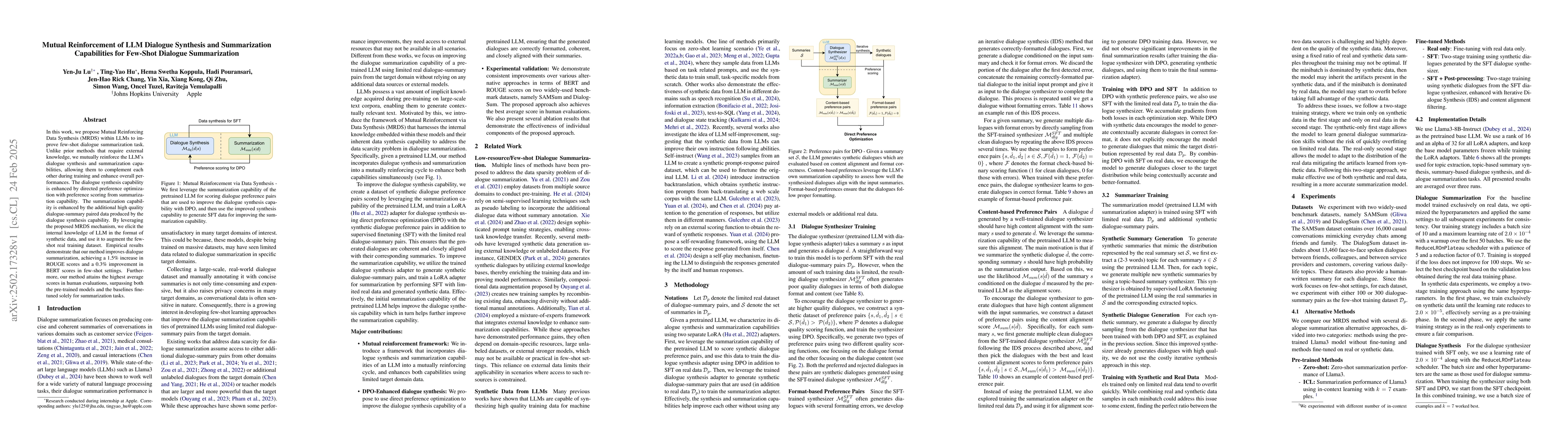 Thumbnail for Mutual Reinforcement of LLM Dialogue Synthesis and Summarization
  Capabilities for Few-Shot Dialogue Summarization