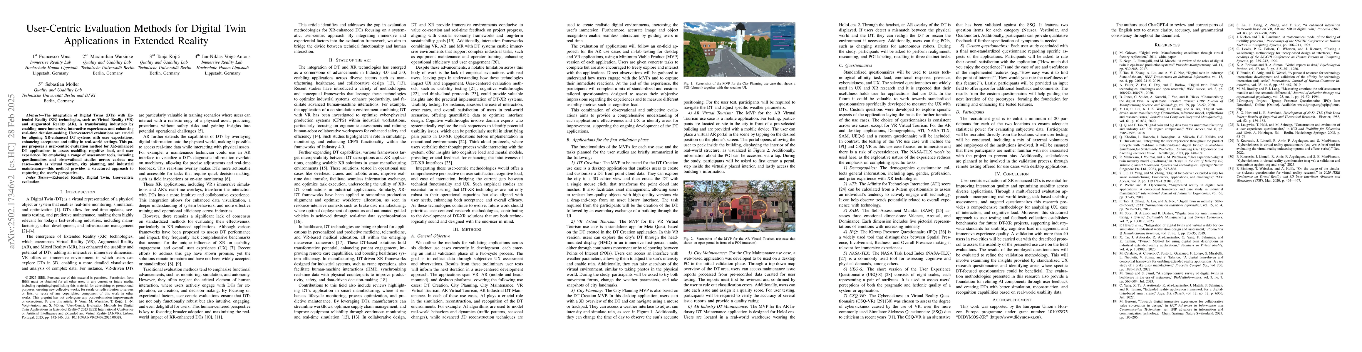 Thumbnail for User-Centric Evaluation Methods for Digital Twin Applications in
  Extended Reality