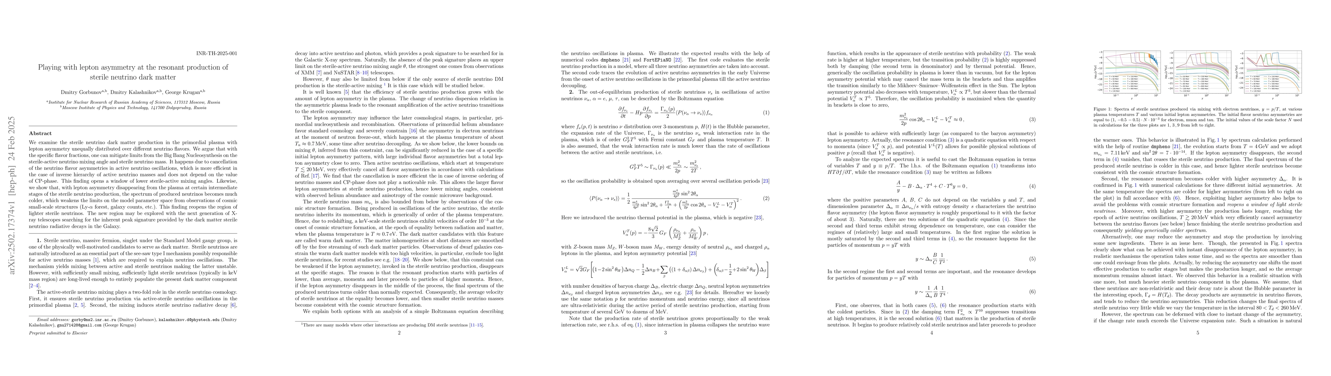 Thumbnail for Playing with lepton asymmetry at the resonant production of sterile
  neutrino dark matter