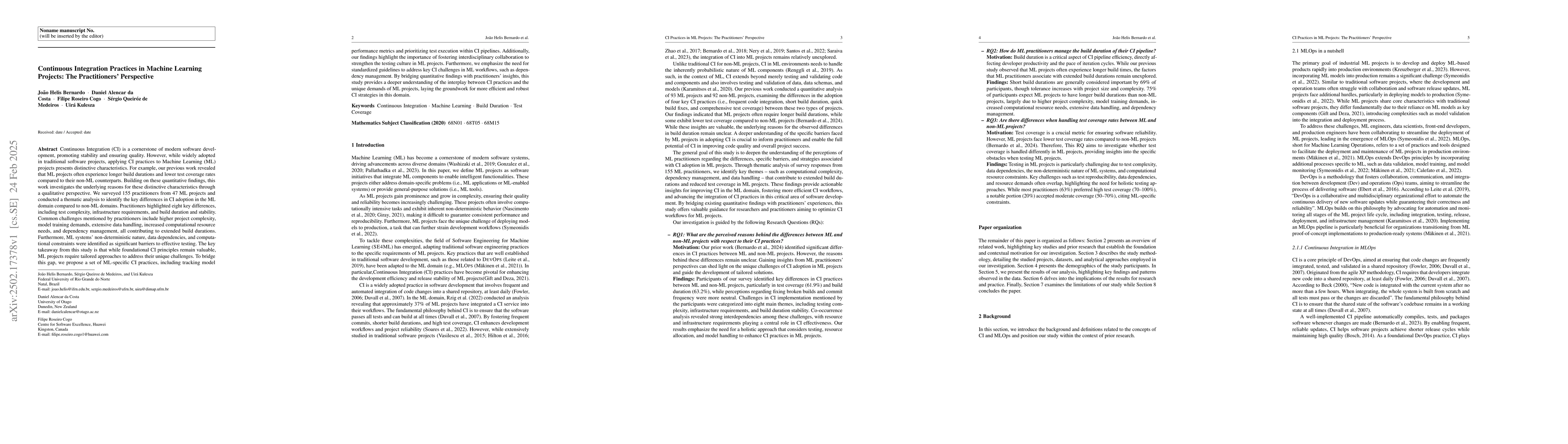 Thumbnail for Continuous Integration Practices in Machine Learning Projects: The
  Practitioners` Perspective