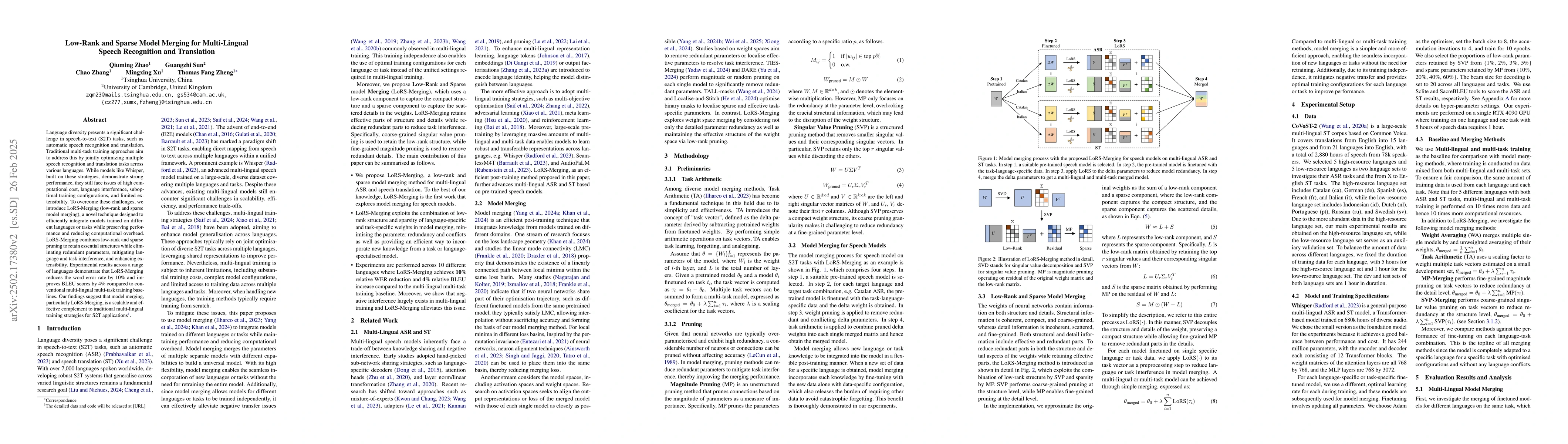 Thumbnail for Low-Rank and Sparse Model Merging for Multi-Lingual Speech Recognition
  and Translation
