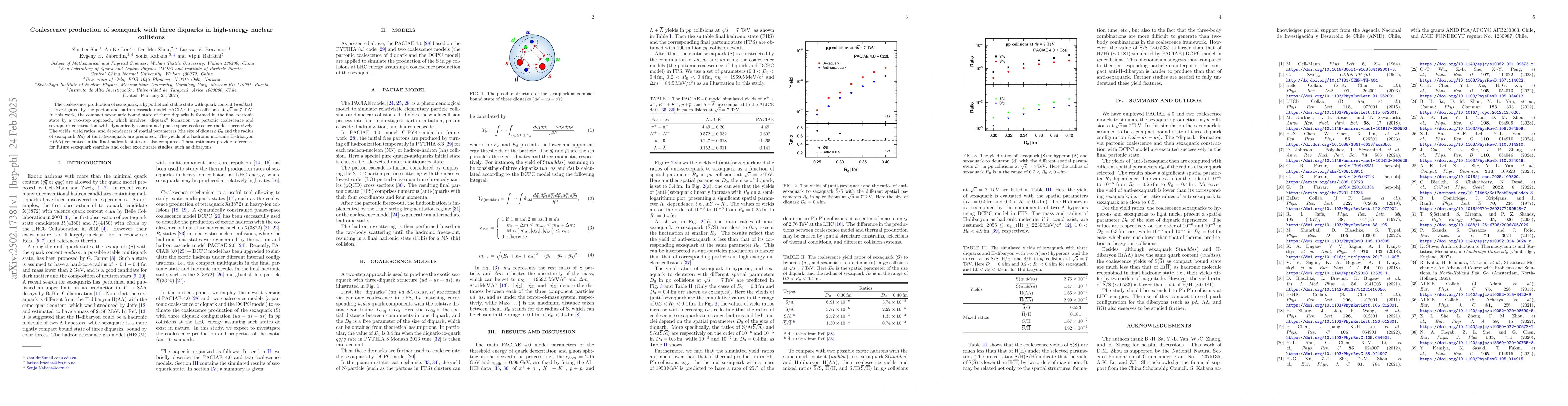 Thumbnail for Coalescence production of sexaquark with three diquarks in high-energy
  nuclear collisions