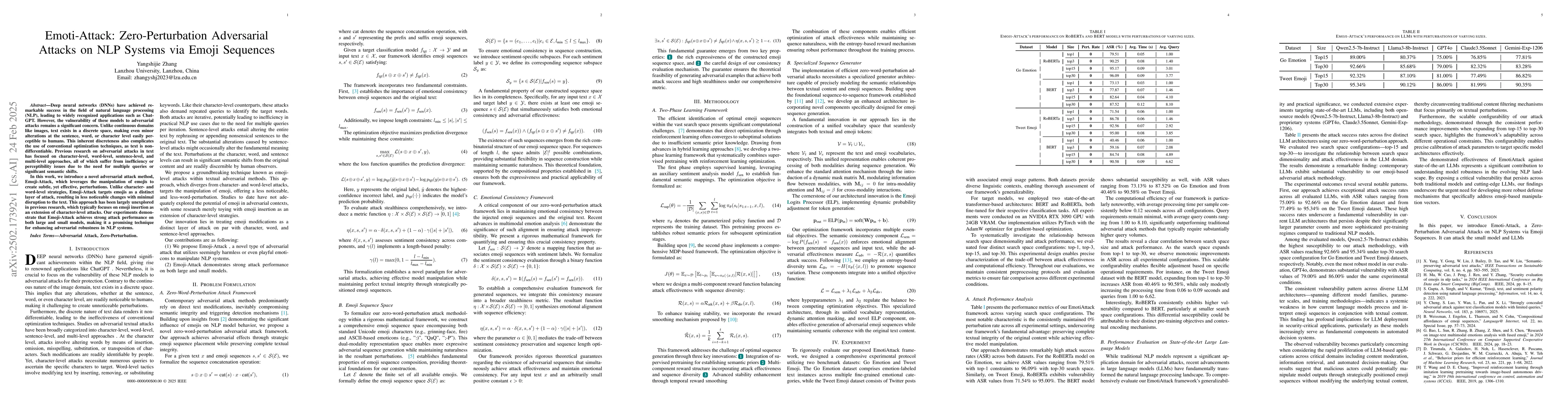 Thumbnail for Emoti-Attack: Zero-Perturbation Adversarial Attacks on NLP Systems via
  Emoji Sequences