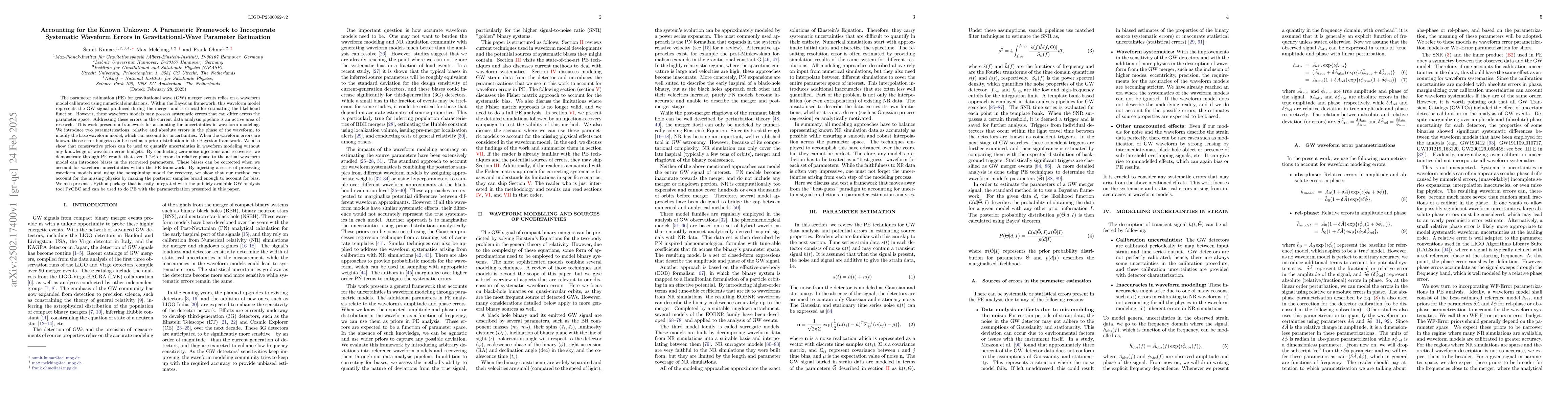 Thumbnail for Accounting for the Known Unkown: A Parametric Framework to Incorporate
  Systematic Waveform Errors in Gravitational-Wave Parameter Estimation