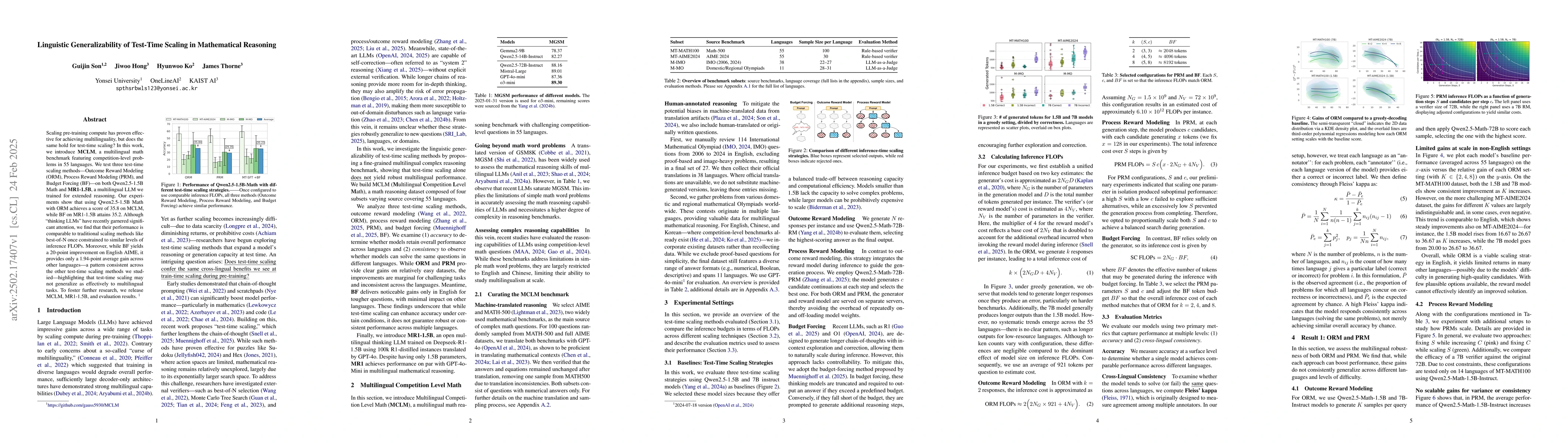 Thumbnail for Linguistic Generalizability of Test-Time Scaling in Mathematical
  Reasoning