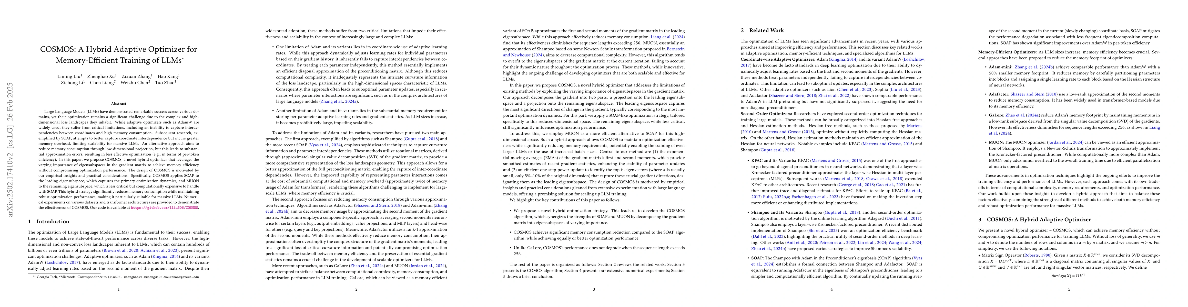 Thumbnail for COSMOS: A Hybrid Adaptive Optimizer for Memory-Efficient Training of
  LLMs