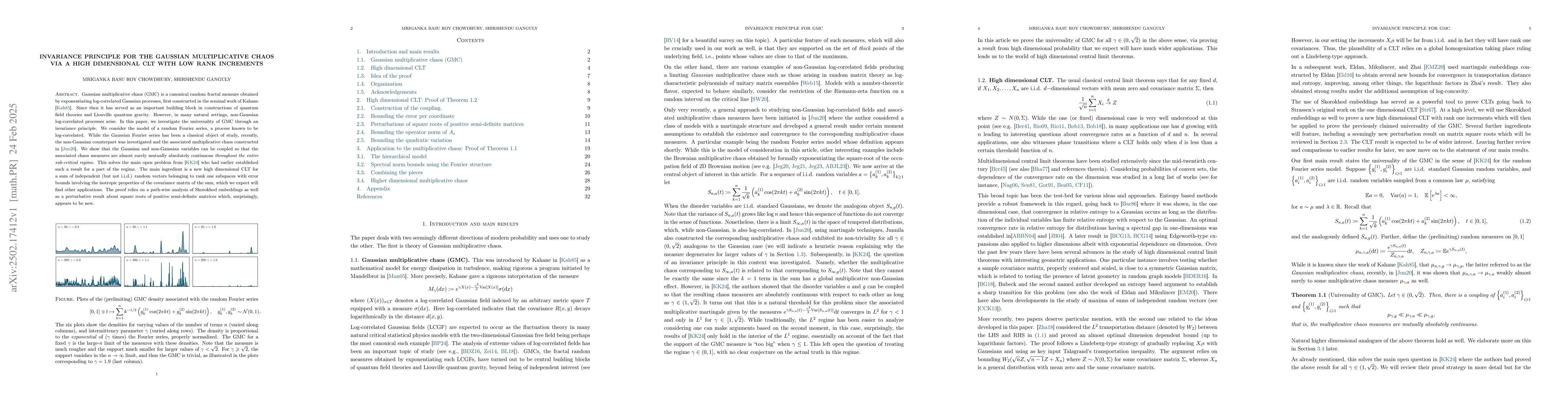 Thumbnail for Invariance principle for the Gaussian Multiplicative Chaos via a high
  dimensional CLT with low rank increments