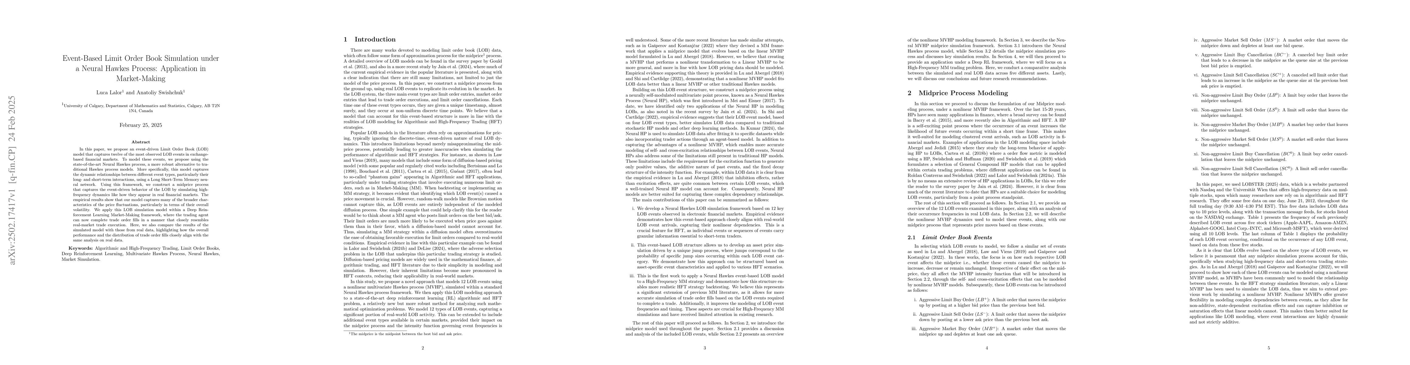 Thumbnail for Event-Based Limit Order Book Simulation under a Neural Hawkes Process:
  Application in Market-Making