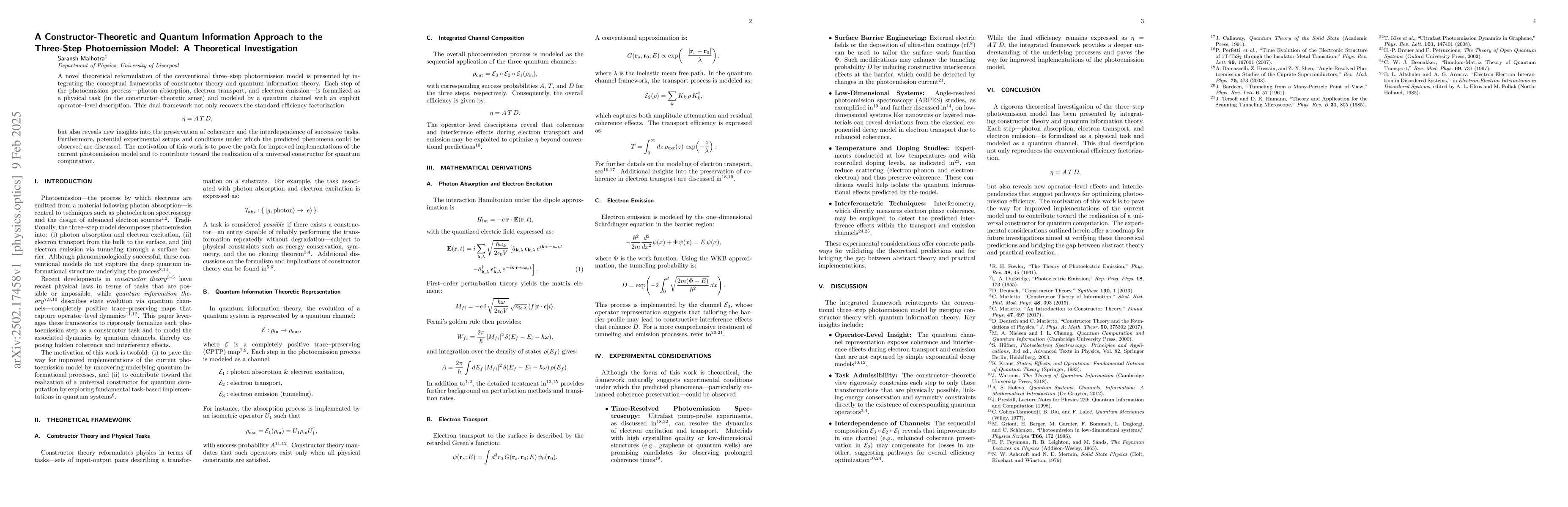 Thumbnail for A Constructor-Theoretic and Quantum Information Approach to the
  Three-Step Photoemission Model: A Theoretical Investigation