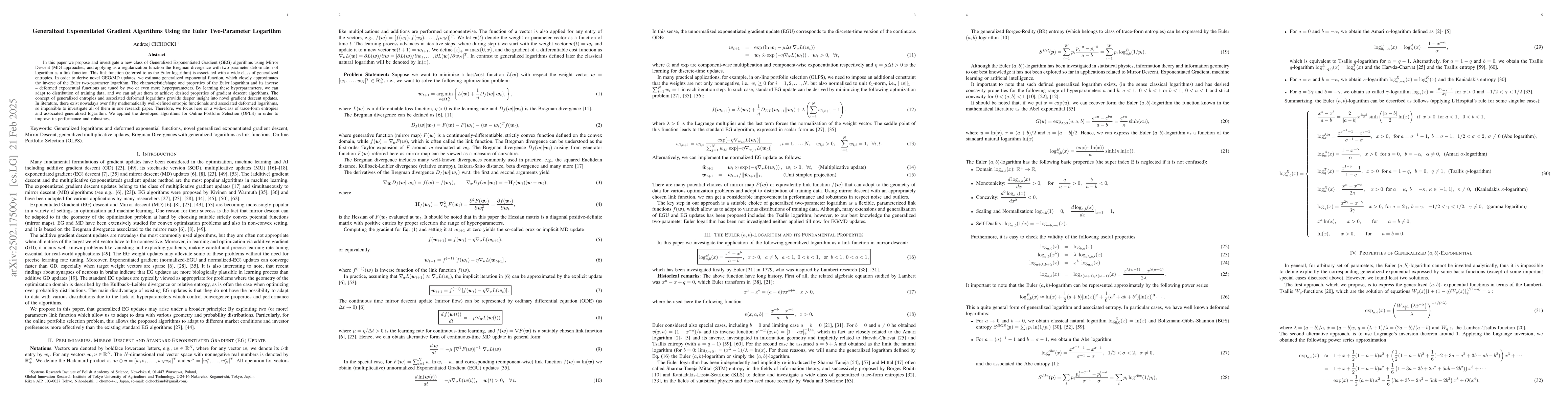 Thumbnail for Generalized Exponentiated Gradient Algorithms Using the Euler
  Two-Parameter Logarithm