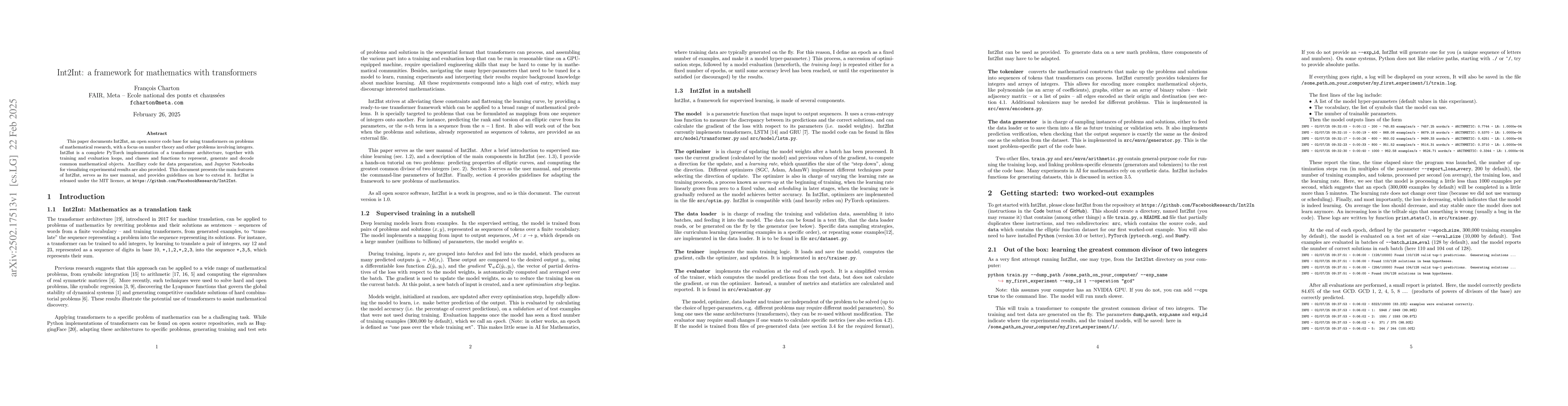 Thumbnail for Int2Int: a framework for mathematics with transformers