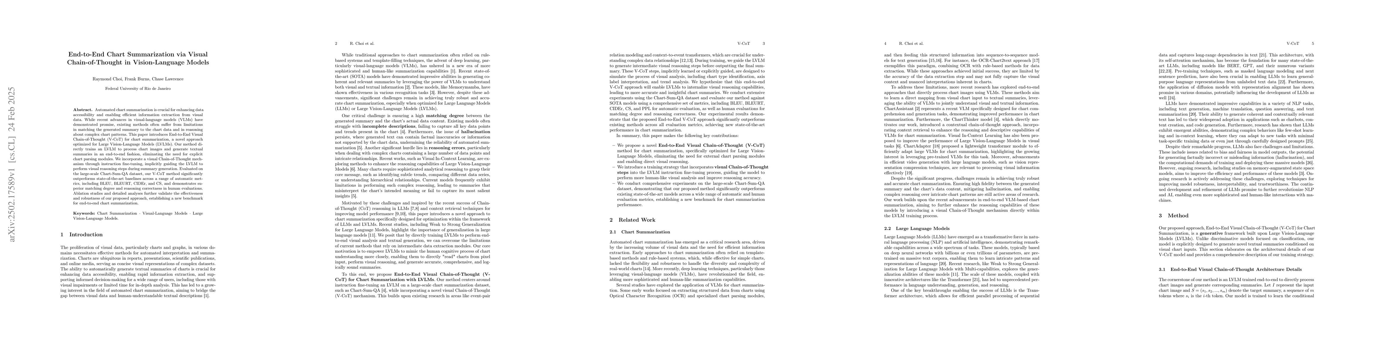 Thumbnail for End-to-End Chart Summarization via Visual Chain-of-Thought in
  Vision-Language Models