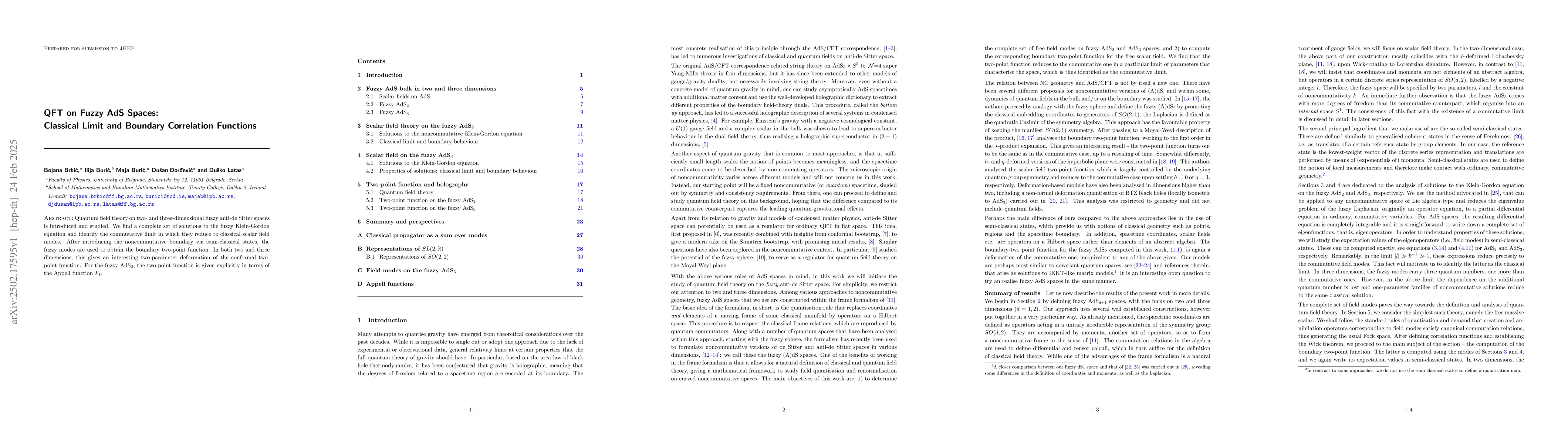Thumbnail for QFT on Fuzzy AdS Spaces: Classical Limit and Boundary Correlation
  Functions