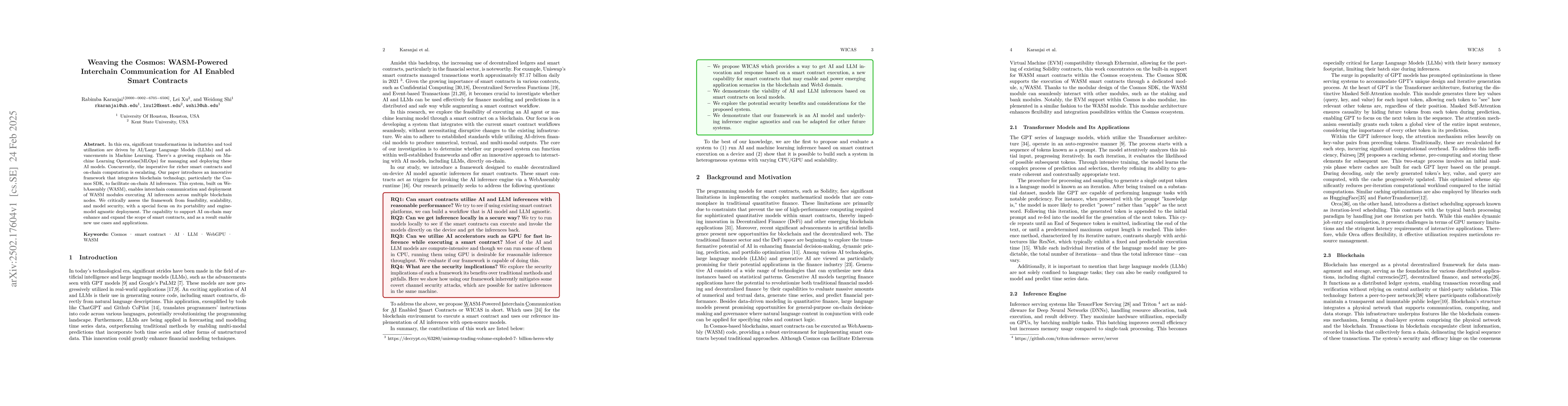 Thumbnail for Weaving the Cosmos: WASM-Powered Interchain Communication for AI Enabled
  Smart Contracts