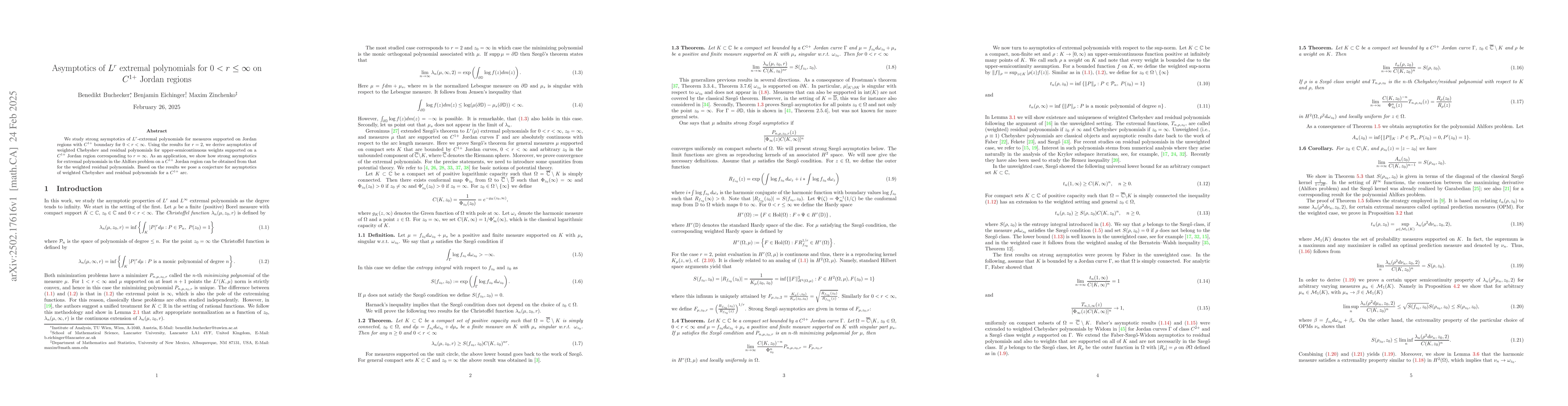 Thumbnail for Asymptotics of $L^r$ extremal polynomials for ${0<r\leq\infty}$ on
  $C^{1+}$ Jordan regions