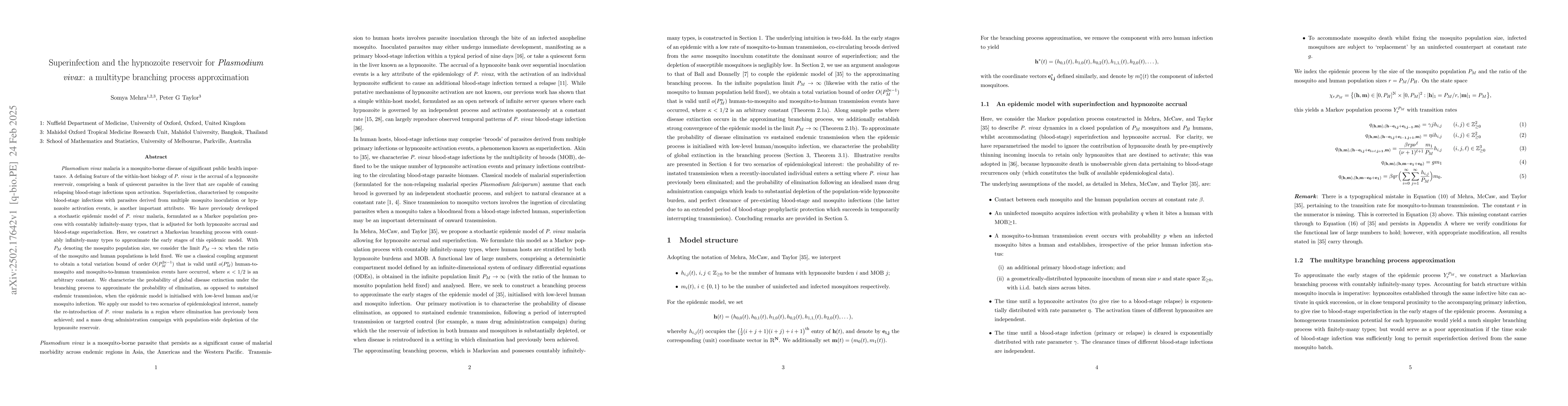 Thumbnail for Superinfection and the hypnozoite reservoir for Plasmodium vivax: a
  multitype branching process approximation