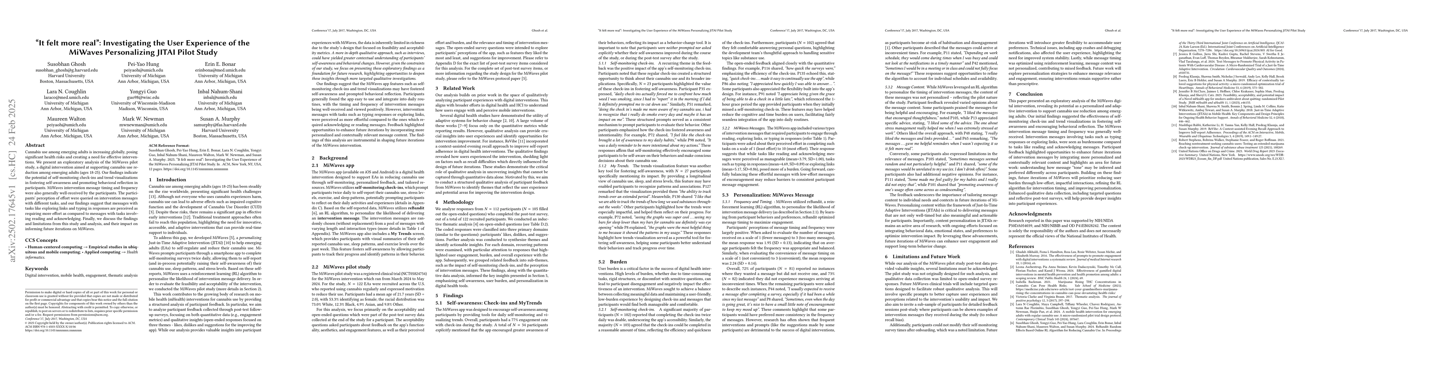 Thumbnail for "It felt more real": Investigating the User Experience of the MiWaves
  Personalizing JITAI Pilot Study
