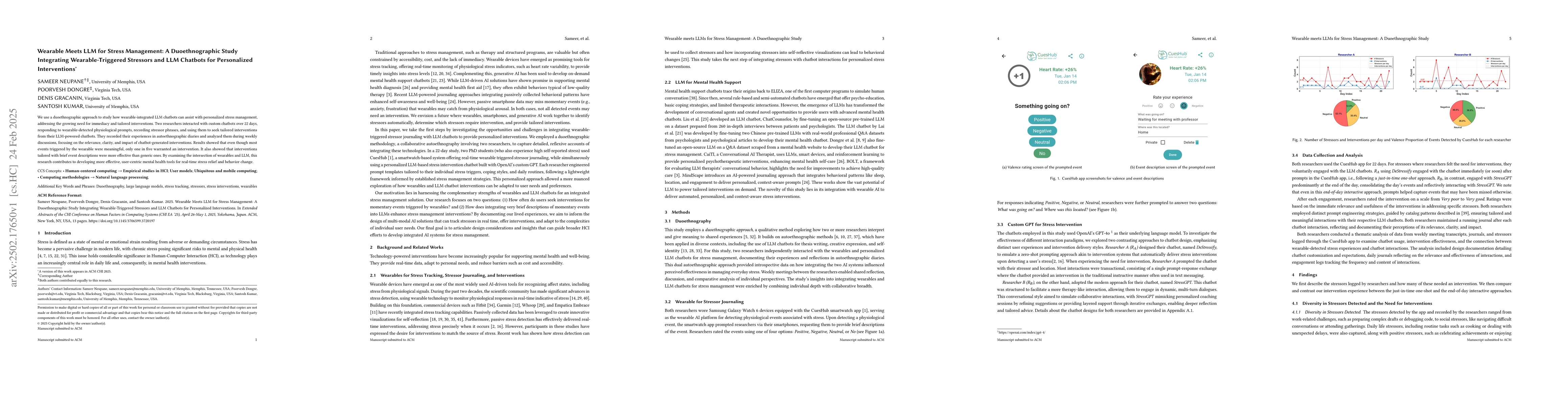 Thumbnail for Wearable Meets LLM for Stress Management: A Duoethnographic Study
  Integrating Wearable-Triggered Stressors and LLM Chatbots for Personalized
  Interventions