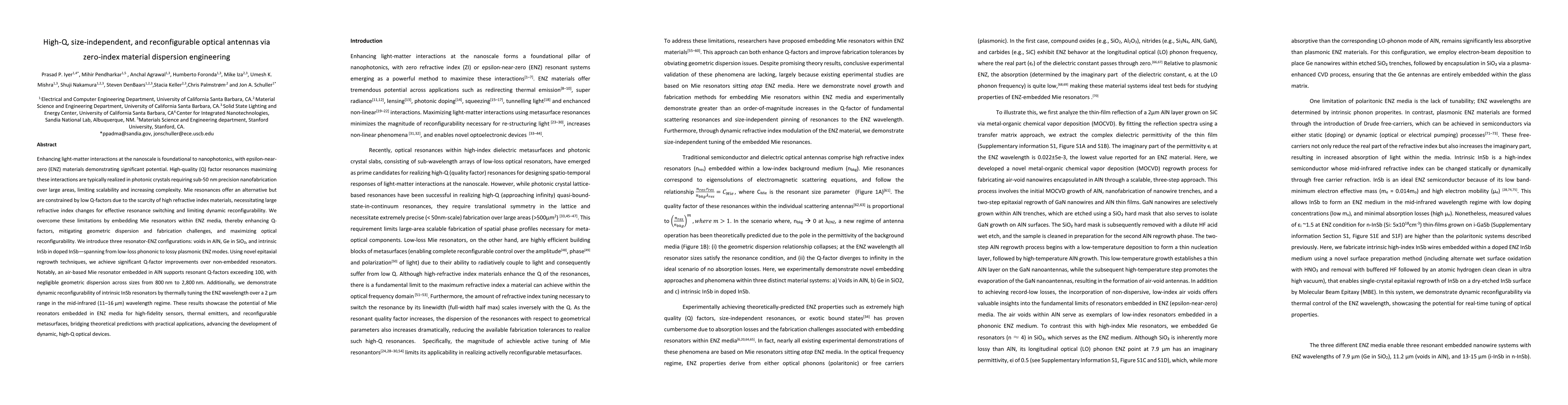 Thumbnail for High-Q, size-independent, and reconfigurable optical antennas via
  zero-index material dispersion engineering