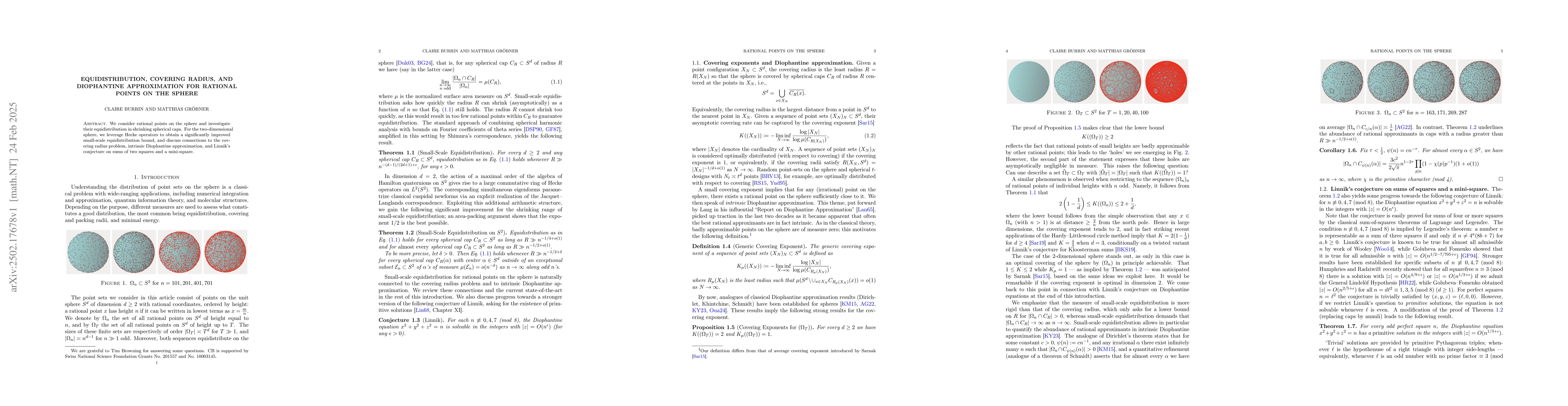 Thumbnail for Equidistribution, covering radius, and Diophantine approximation for
  rational points on the sphere