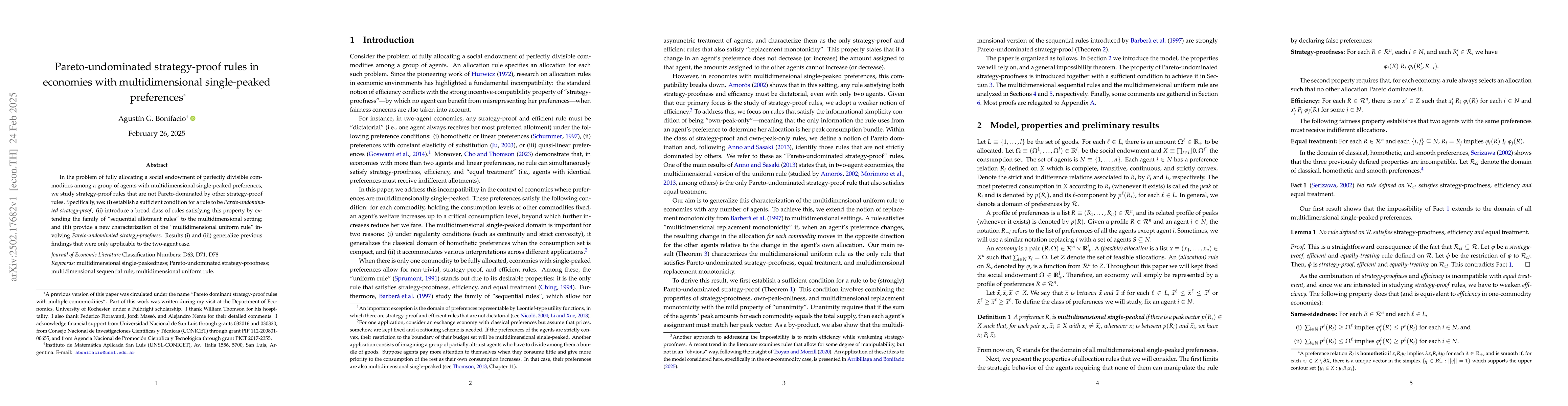 Thumbnail for Pareto-undominated strategy-proof rules in economies with
  multidimensional single-peaked preferences