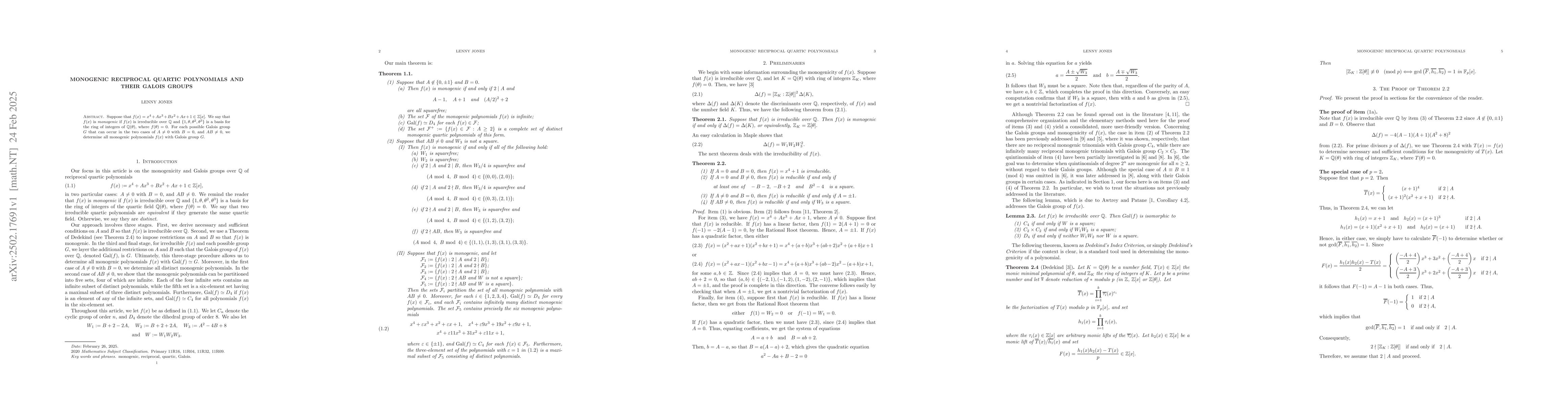 Thumbnail for Monogenic Reciprocal Quartic Polynomials And Their Galois Groups