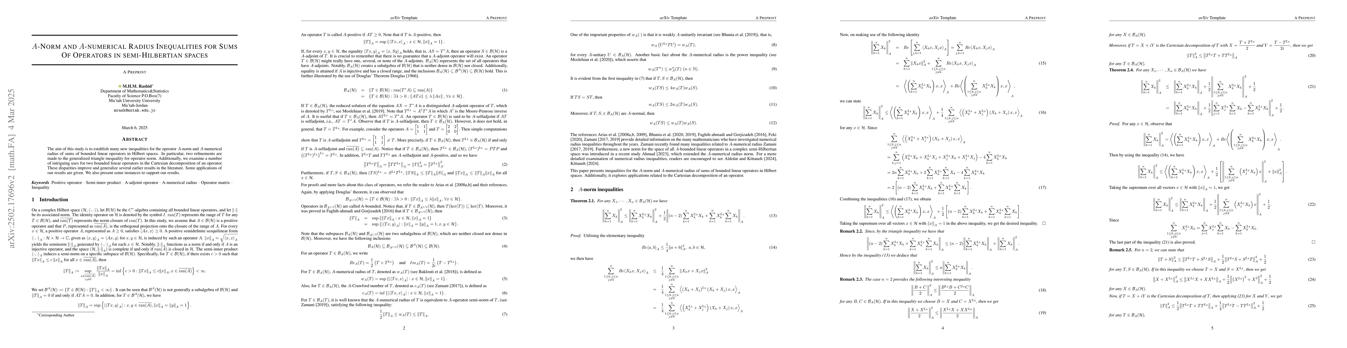 Thumbnail for $A$-Norm and $A$-numerical Radius Inequalities for Sums Of Operators in
  semi-Hilbertian spaces
