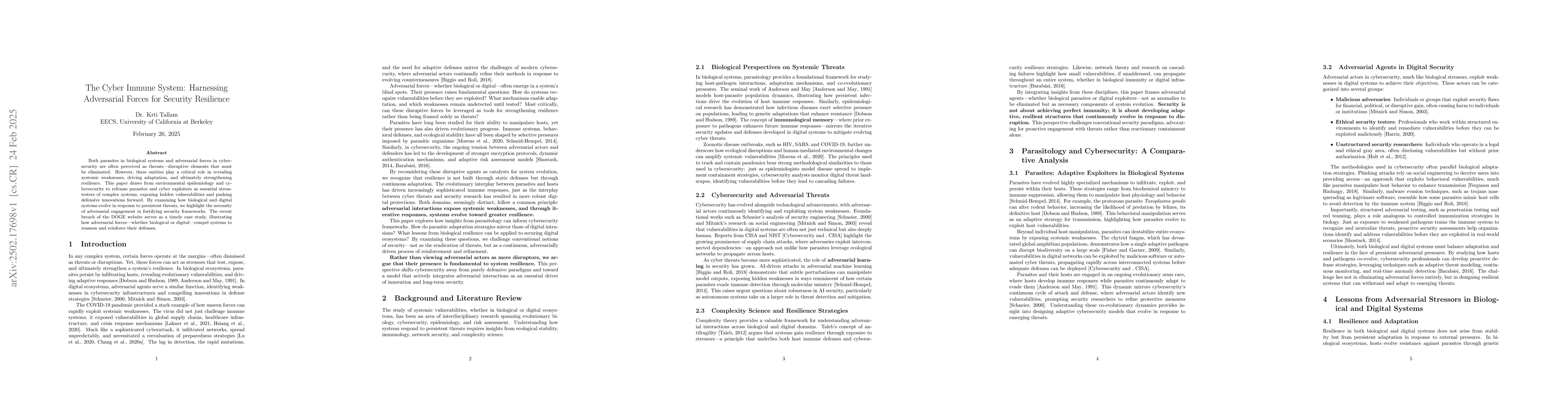 Thumbnail for The Cyber Immune System: Harnessing Adversarial Forces for Security
  Resilience