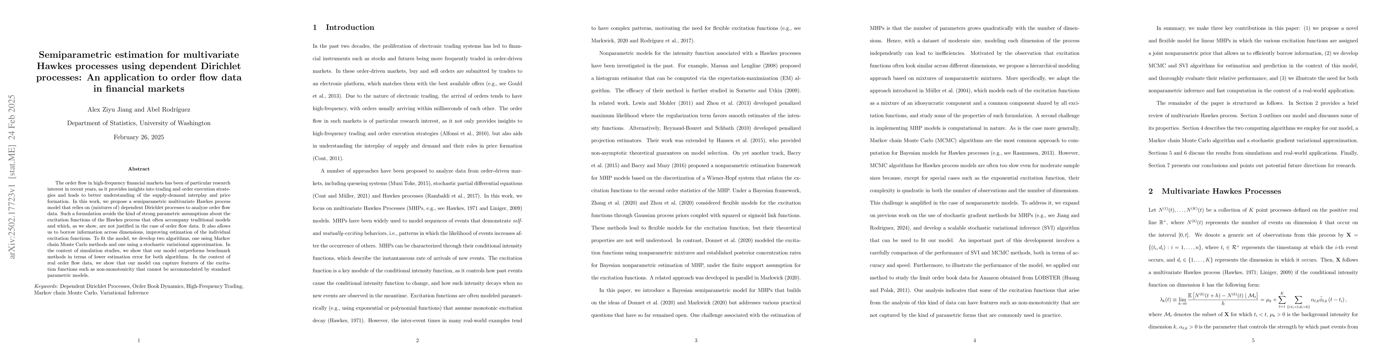Thumbnail for Semiparametric estimation for multivariate Hawkes processes using
  dependent Dirichlet processes: An application to order flow data in financial
  markets