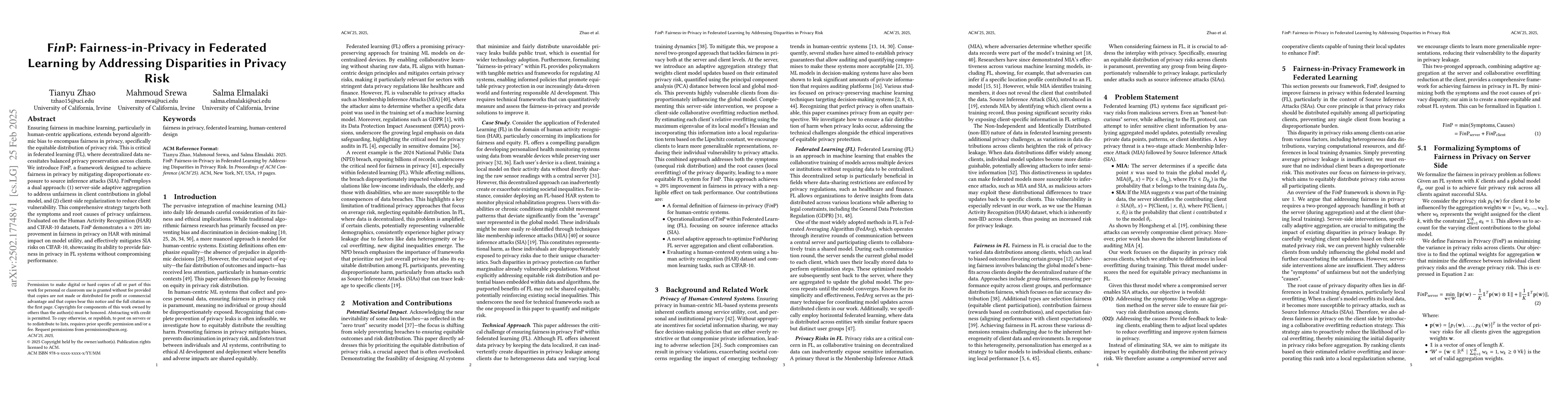 Thumbnail for FinP: Fairness-in-Privacy in Federated Learning by Addressing
  Disparities in Privacy Risk