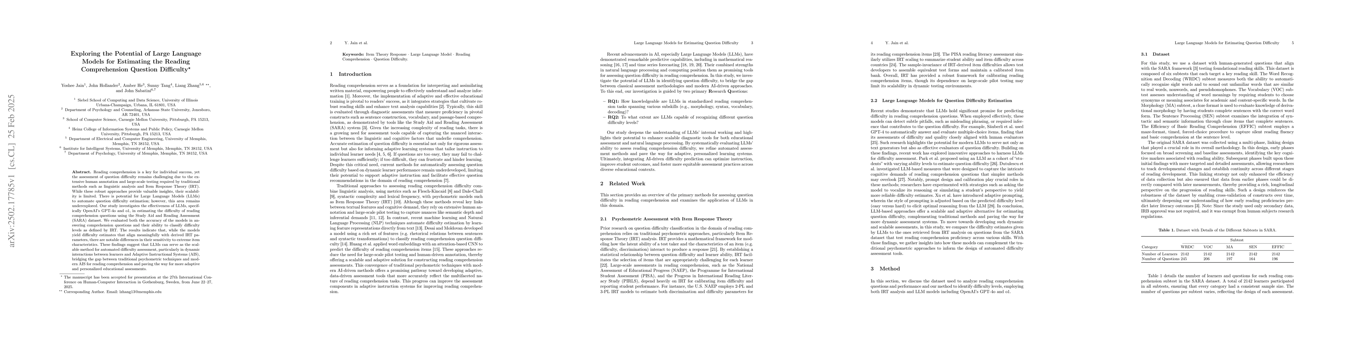 Thumbnail for Exploring the Potential of Large Language Models for Estimating the
  Reading Comprehension Question Difficulty