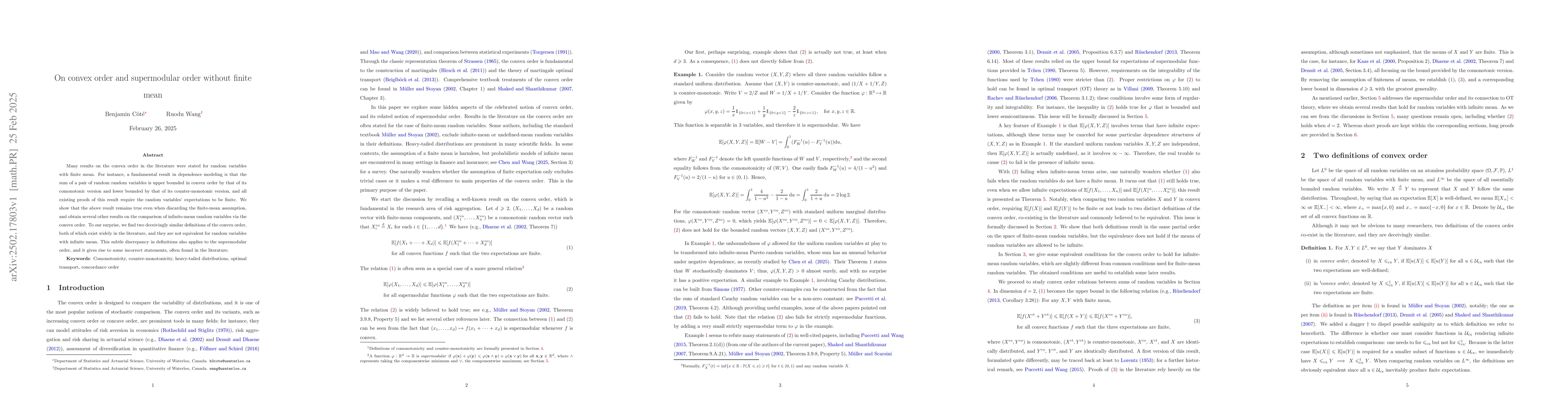 Thumbnail for On convex order and supermodular order without finite mean